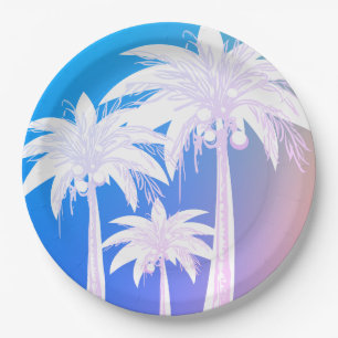 Assiettes En Carton Feuille de palmier tropical aquarelle bleu rose co