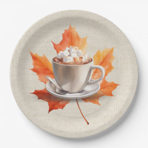 Assiettes En Carton Feuille d'érable d'automne et cacao chaud