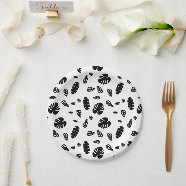 Assiettes En Carton Feuille d'été noir et blanc Tropical Motif (Mariage)