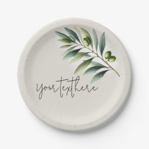 Assiettes En Carton Feuille d'olive verte os blanc et or mariage rusti