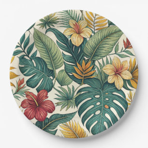 Assiettes En Carton Feuille tropicale de Monstera avec hibiscus