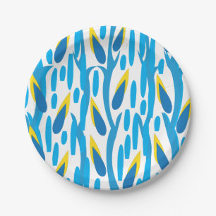 Assiettes En Carton Feuilles Abstraites Bleues et Jaunes Élégantes et