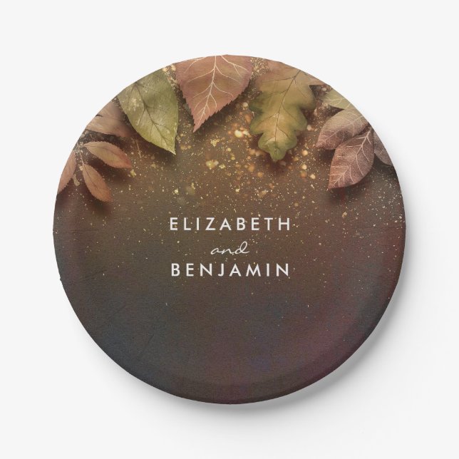 Assiettes En Carton Feuilles automnales et Mariage de Parties scintill (Devant)