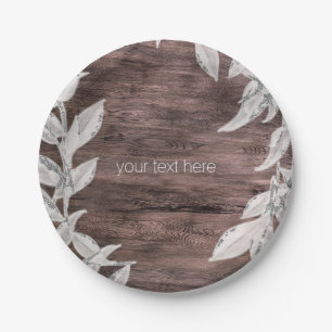 Assiettes En Carton Feuilles blanches et argentées et bois rustique él