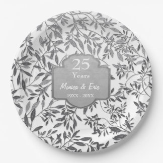 Assiettes En Carton Feuilles d'argent en blanc 25e anniversaire