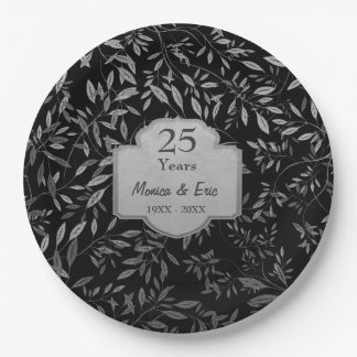 Assiettes En Carton Feuilles d'argent sur le 25e anniversaire noir