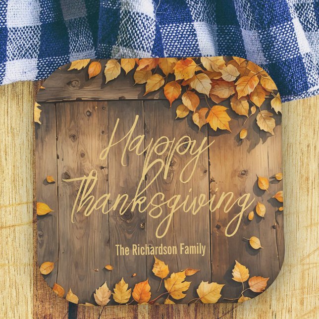 Assiettes En Carton Feuilles d'automne rustiques sur le bois Thanksgiv (Créateur téléchargé)