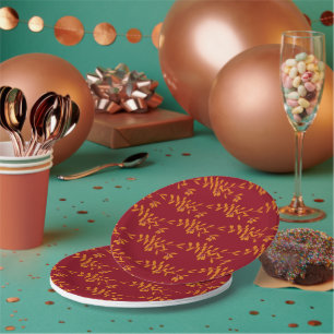Assiettes En Carton Feuilles de branches de silhouette orange sur roug