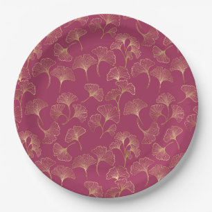 Assiettes En Carton Feuilles de Ginkgo dorées luxueuses sur un bordeau