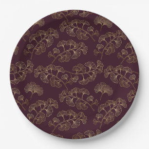 Assiettes En Carton Feuilles de Ginkgo dorées luxueuses sur un bordeau