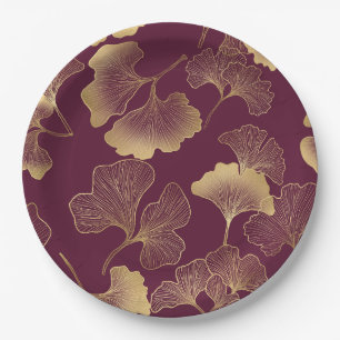 Assiettes En Carton Feuilles de Ginkgo en Or Luxueux sur Bourgogne Pro
