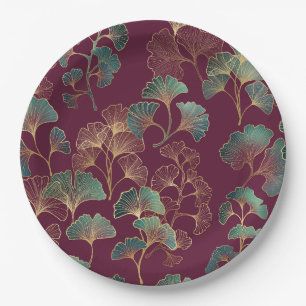 Assiettes En Carton Feuilles de Ginkgo sarcelle et or sur fond bordeau