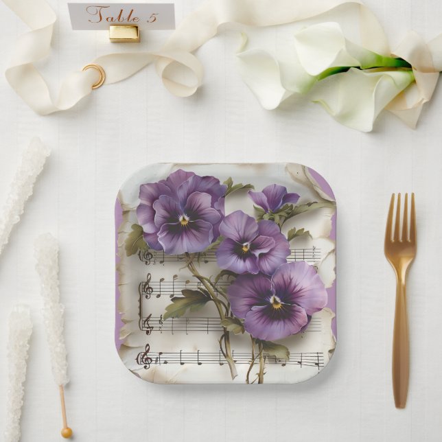 Assiettes En Carton Feuilles de musique violette (Mariage)