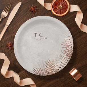 Assiettes En Carton Feuilles de palmier au coucher de cuivre sur pierr