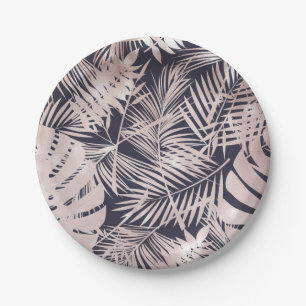 Assiettes En Carton Feuilles de palmier tropical rose doré foncé