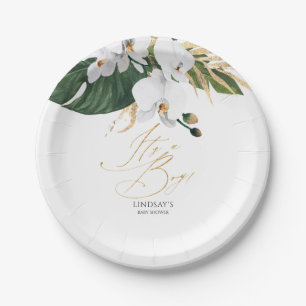 Assiettes En Carton Feuilles de palmier vertes et dorées Orchidées bla