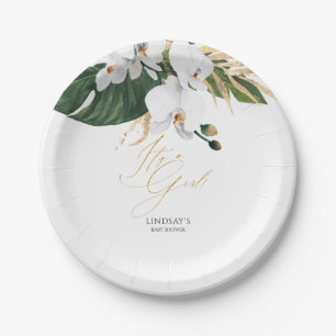 Assiettes En Carton Feuilles de palmier vertes et dorées Orchidées bla