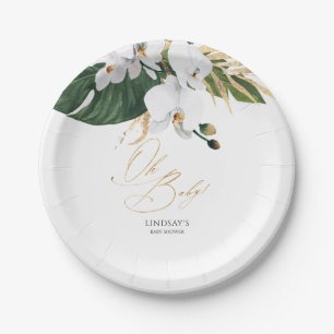 Assiettes En Carton Feuilles de palmier vertes et dorées Orchidées bla