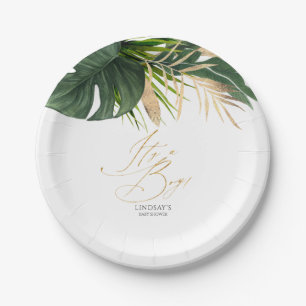 Assiettes En Carton Feuilles de palmier vertes et dorées Tropical Élég