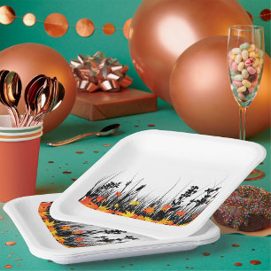 Assiettes En Carton Feuilles d'érable d'automne et silhouette d'herbe