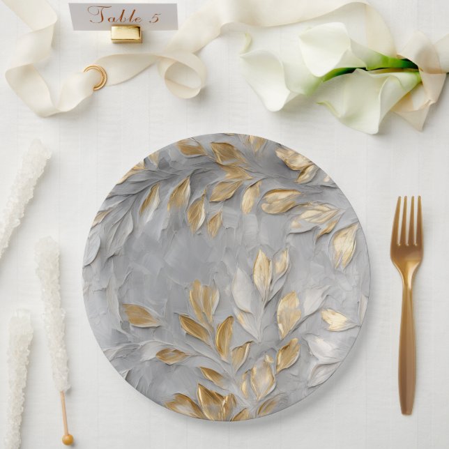 Assiettes En Carton Feuilles d'or gris argent (Mariage)