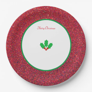 Assiettes En Carton Feuilles et baies de houx de Noël sur fond blanc e