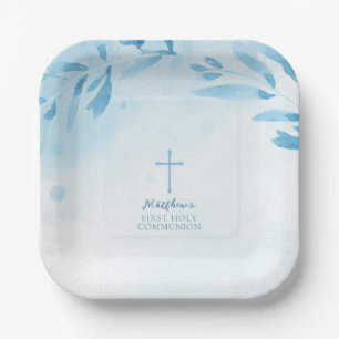 Assiettes En Carton Feuilles et croix de couleur bleu communion