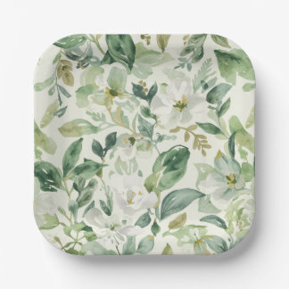 Assiettes En Carton Feuilles Florales Aquarelle Verte Botanique Nature
