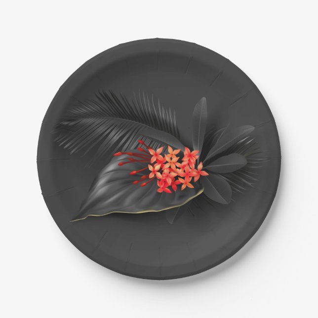 Assiettes En Carton Feuilles noirs tropicaux et fleurs rouges (Devant)