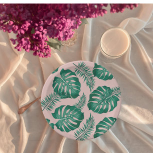 Assiettes En Carton Feuilles Pink & Green Palm sans couture Motif