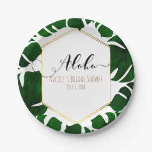Assiettes En Carton Feuilles tropicales vert foncé mariage blanc et or