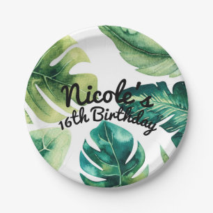 Assiettes En Carton Feuilles Tropicales Vertes Élégante Fête d'Été Bla