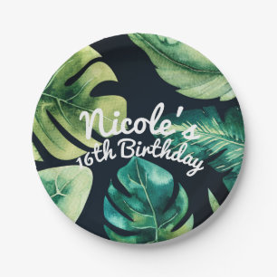 Assiettes En Carton Feuilles Tropicales Vertes Élégante Fête d'Été Noi