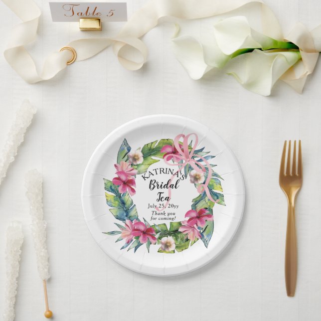 Assiettes En Carton Feuilles tropicaux | Douche à thé rose floral (Mariage)