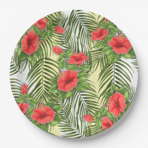 Assiettes En Carton Feuilles tropicaux et plaques de papier rond Hibis
