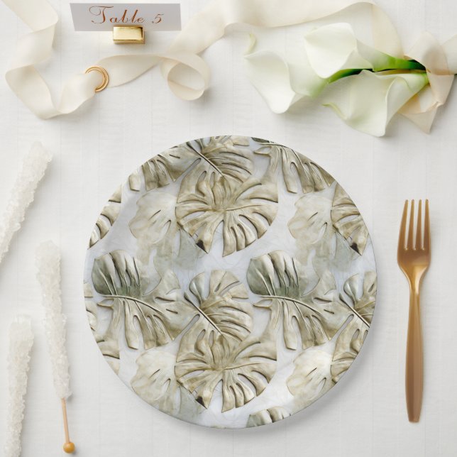 Assiettes En Carton Feuilles tropicaux Gold Green (Mariage)