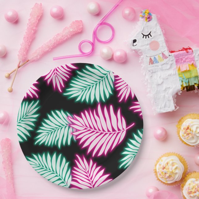 Assiettes En Carton Feuilles tropicaux modernes Faux Neon Pink Green (Fête)