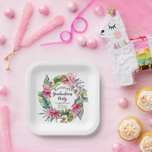 Assiettes En Carton Feuilles tropicaux | Pink Floral Graduation Party (Fête)