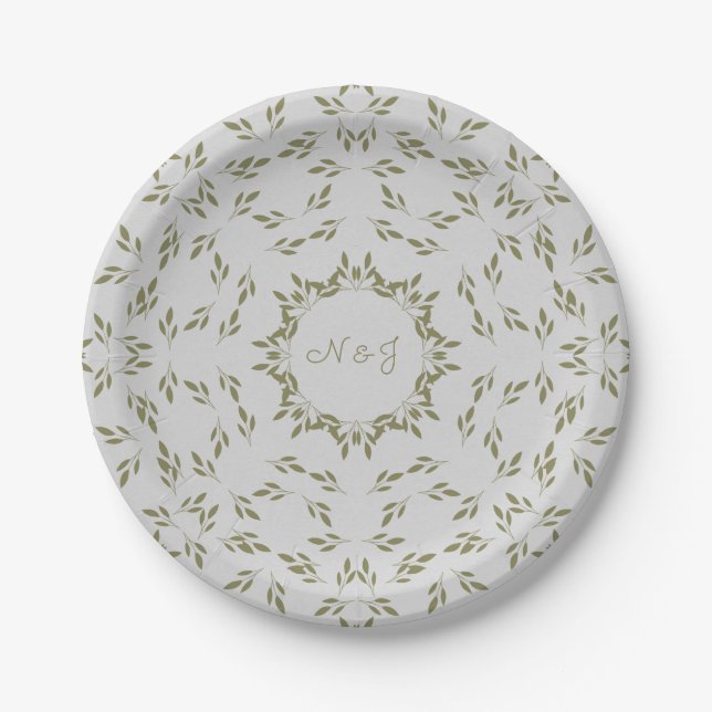 Assiettes En Carton Feuilles vert olive Moutarde naturelle Mariage rus (Devant)