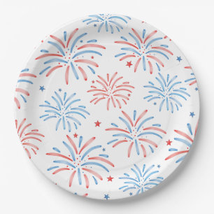 Assiettes En Carton Feux d'artifice à l'aquarelle Fête du quatre juill