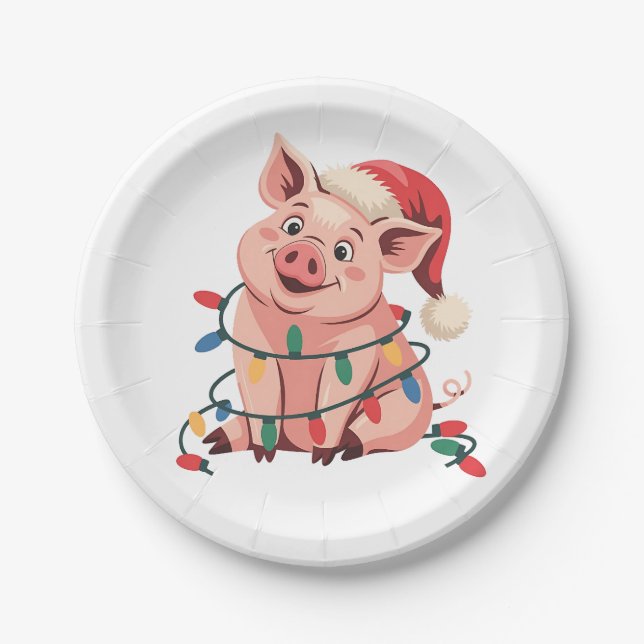 Assiettes En Carton Feux de Noël Cochon portant le Casquette de Noël - (Devant)