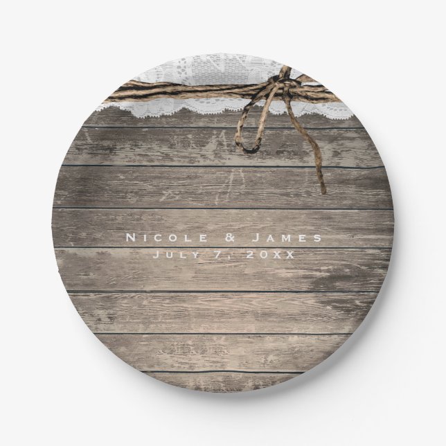 Assiettes En Carton Ficelle de bois rustique Mariage Romantique de Réc (Devant)