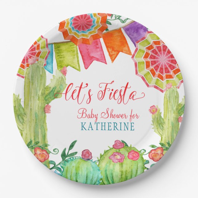 Assiettes En Carton Fiesta Cactus Baby shower Fille Pennant Papier (Devant)