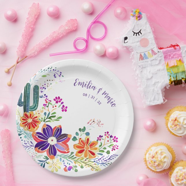Assiettes En Carton FIESTA Cactus Folkart Fleurs Personnalisé (Fête)