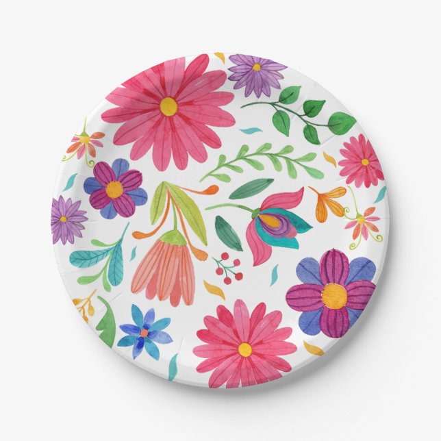 Assiettes En Carton Fiesta Mexicaine Aquarelle Florale Anniversaire (Devant)
