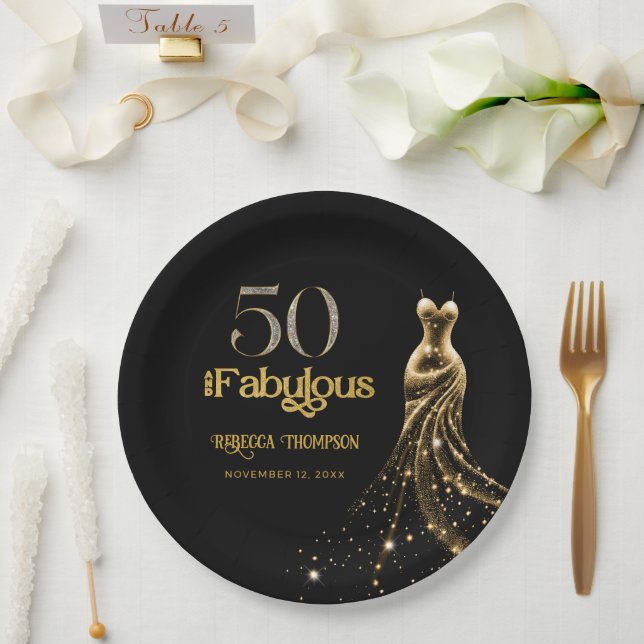 Assiettes En Carton Fifty and Fabulous Gold Dress Black 50th Birthday (Mariage)