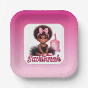 Assiettes En Carton Fille Afro Bébé Tutu Rose & Noir 1er Anniversaire