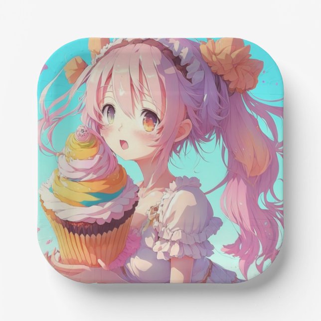 Assiettes En Carton Fille Anime avec Gâteau d'Anniversaire Cupcake Fan (Recto)