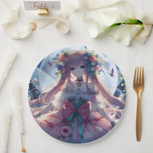 Assiettes En Carton Fille Anime Fleur Lune Fée (Mariage)