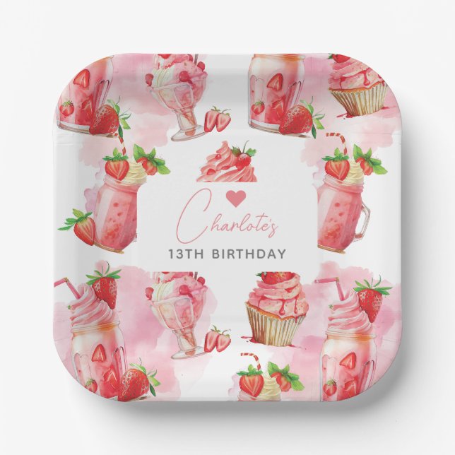 Assiettes En Carton Fille Anniversaire Fraise Milkshake Personnalisé (Recto)